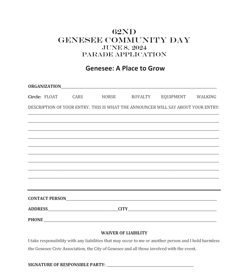 Community Days Parade Form 2024